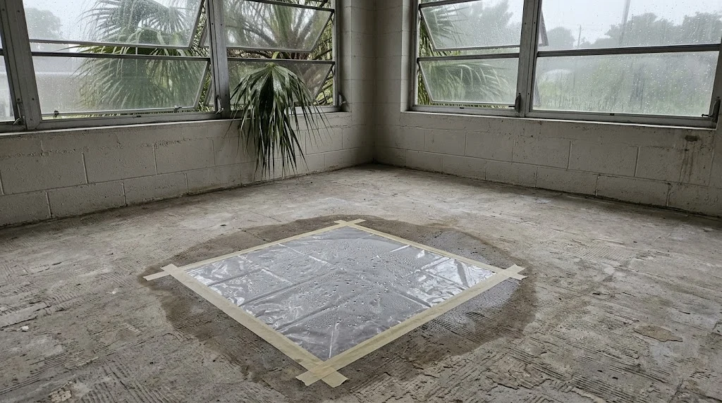Concrete slab with a taped moisture test