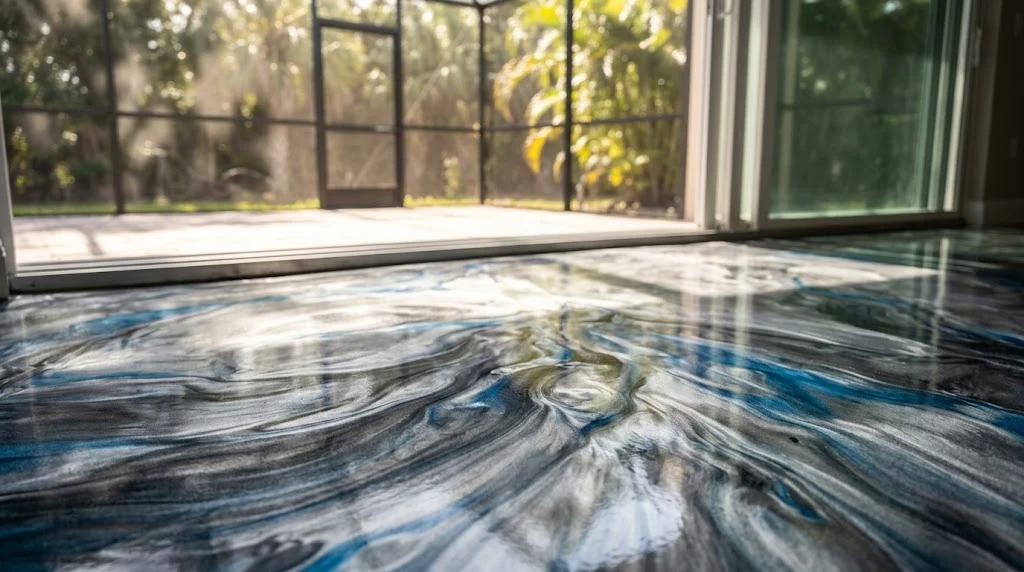Blue and gray metallic floor in a sunlit interior