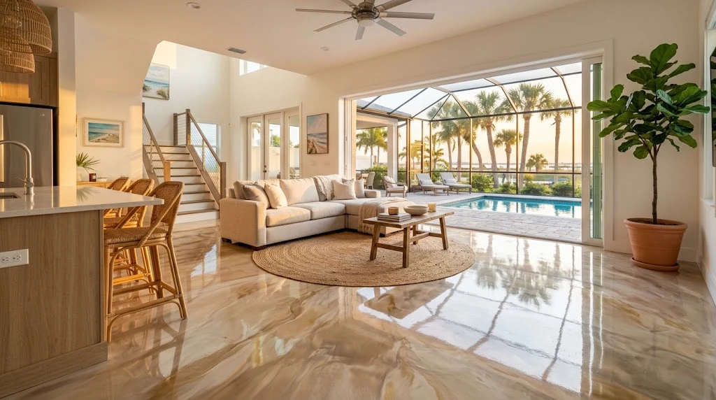 Marbled metallic floor in a residential living space