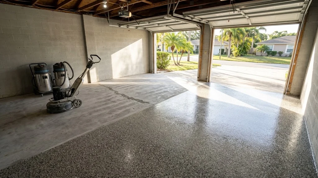 Concrete grinding equipment beside a finished flake garage coating
