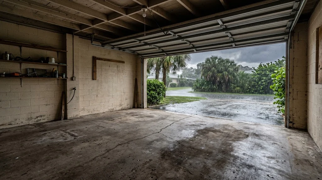 Garage concrete exposed to wet weather