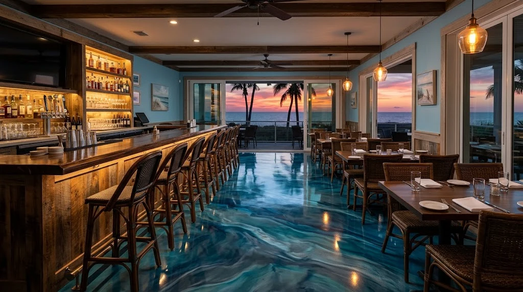 Blue metallic floor in a bar interior