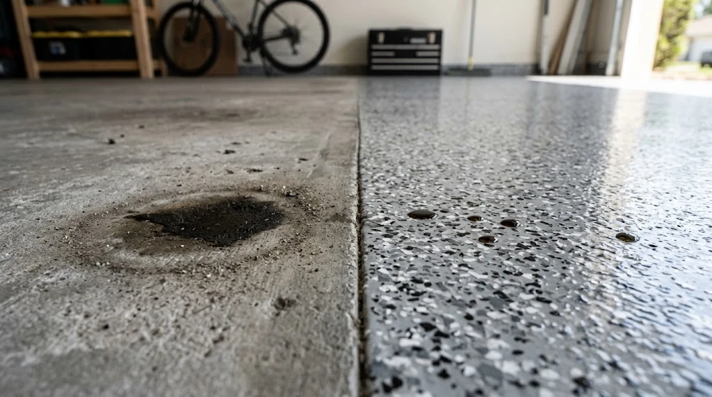 Oil and water on bare concrete beside a coated garage floor
