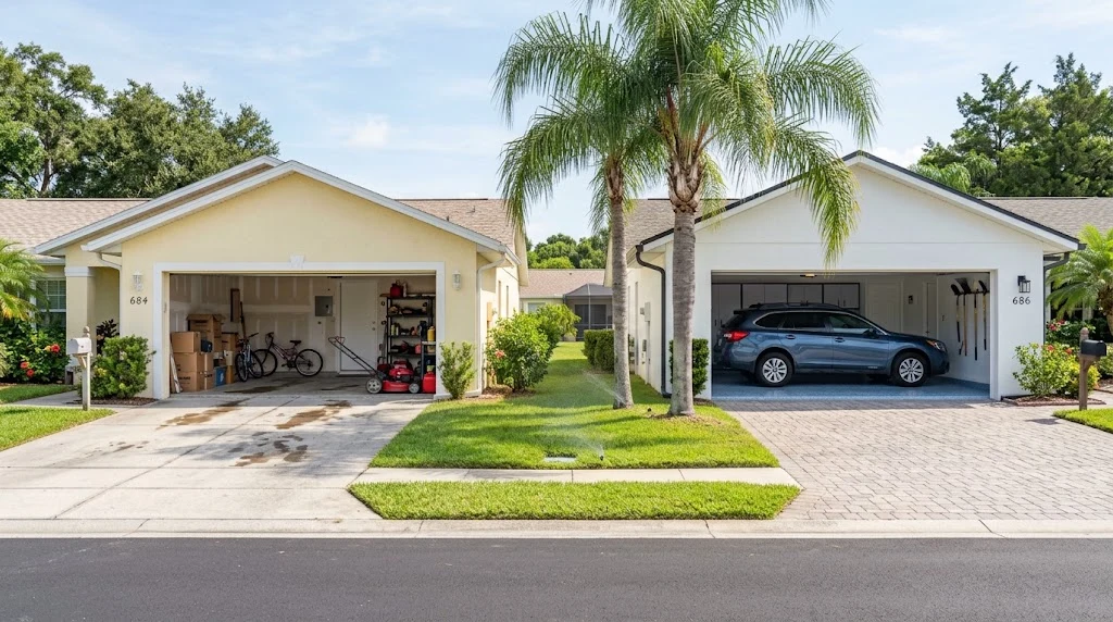 Two garages with bare and coated concrete floors