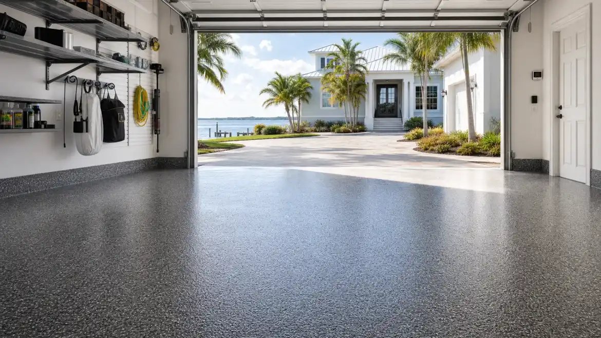 Finished flake floor coating in a Tampa Bay residential garage