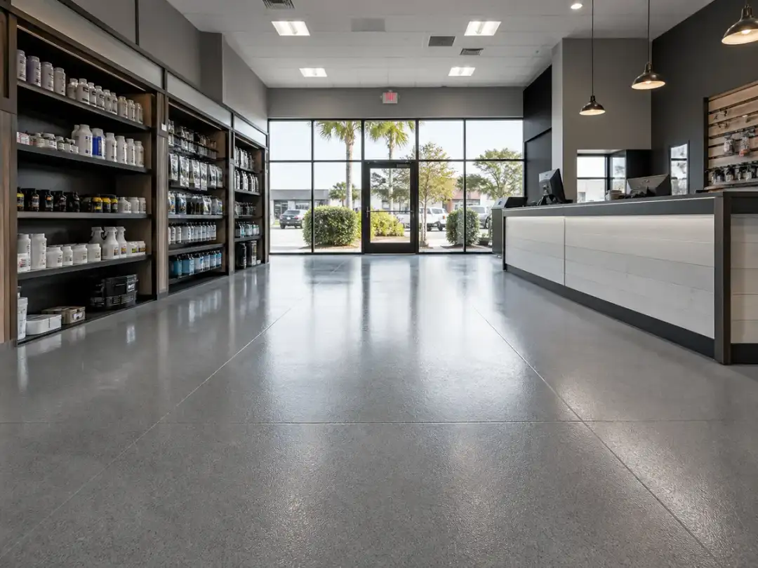 Commercial epoxy floor coating in a retail-style room in Tampa Bay, Florida