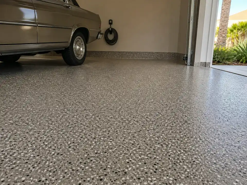 Decorative flake floor coating in a residential garage in Belleair, Florida