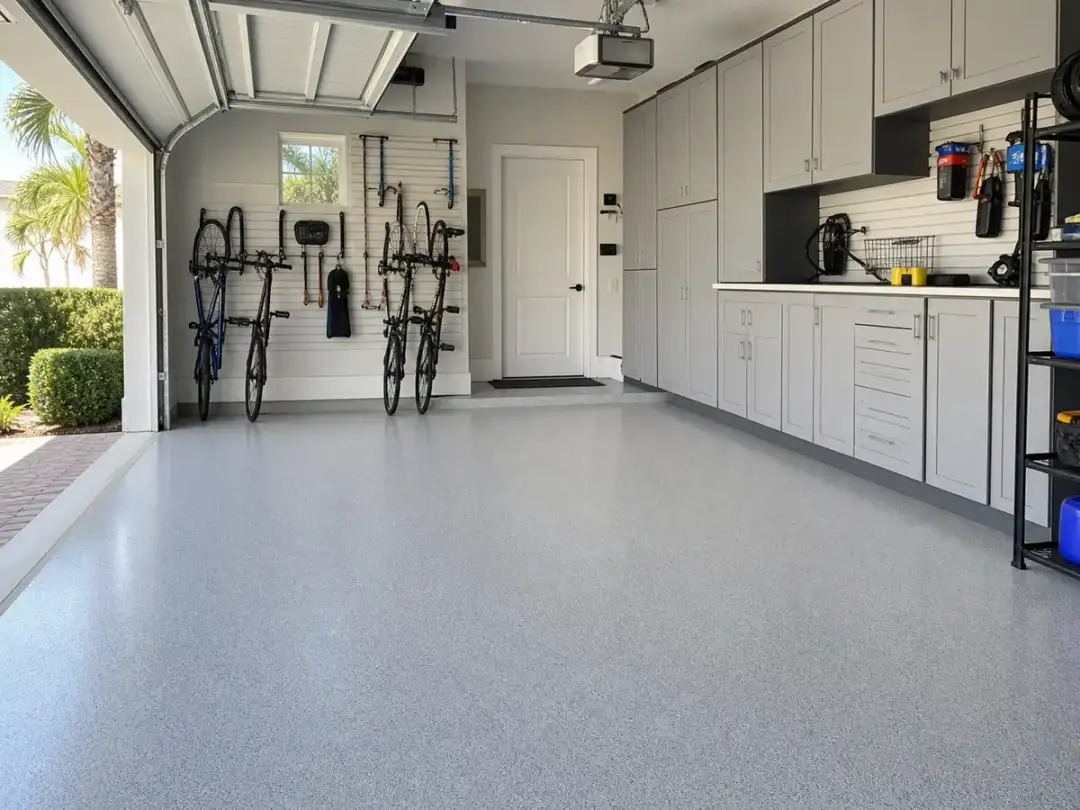 Light gray garage floor coating for storage and parking in Safety Harbor, Florida
