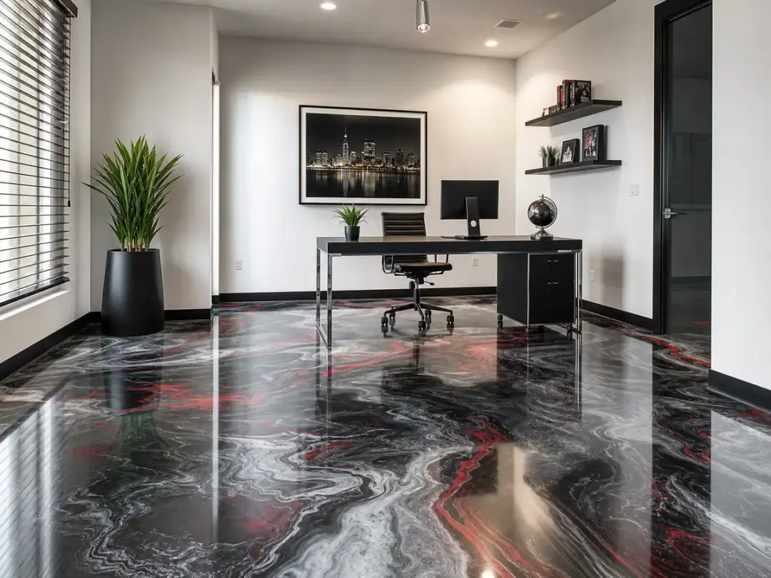 Black and red metallic epoxy interior floor