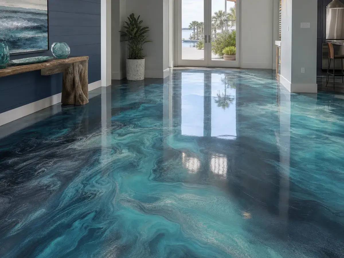 Metallic epoxy floor with ocean-inspired color movement in Largo, Florida