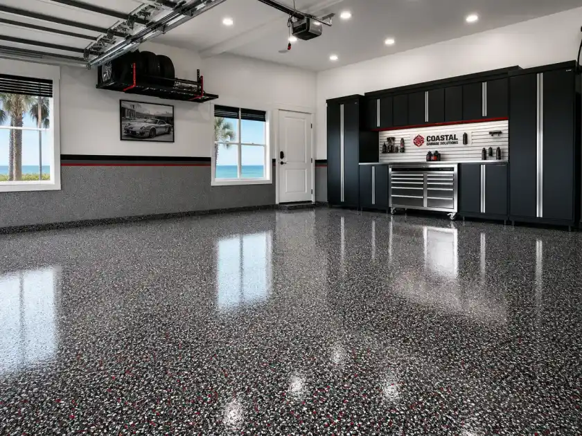 Premium two-car garage flake epoxy floor