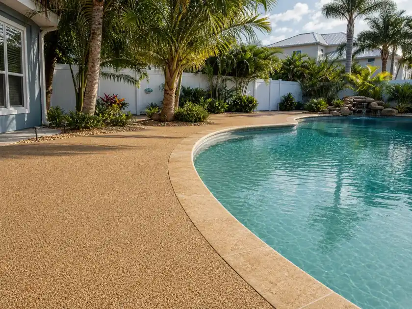 Pool deck resurfacing with a tan decorative finish in Madeira Beach, Florida