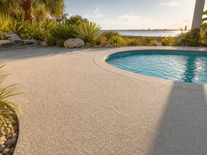 Textured pool deck coating near a coastal backyard in Indian Rocks Beach, Florida