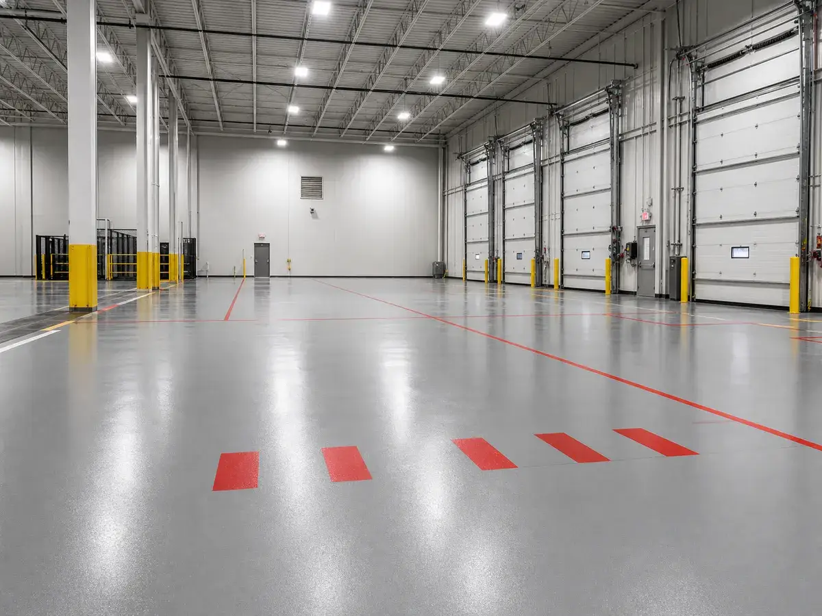 Commercial warehouse epoxy floor with safety lines