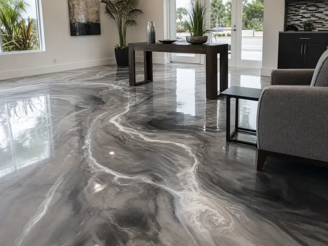 Metallic epoxy floor with white and graphite veining in Dunedin, Florida