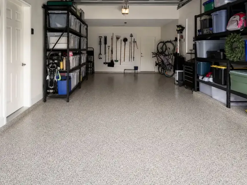 Garage floor coating with storage shelves in Tampa Bay