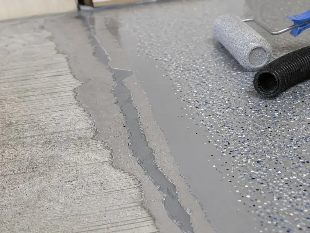 Garage floor coating installation process showing decorative flake broadcast