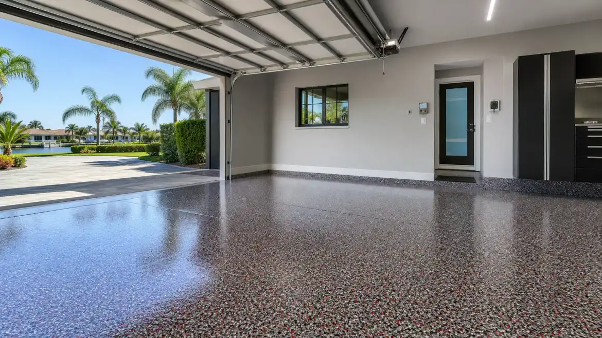 Finished flake epoxy garage floor by Pirate Cove Epoxy