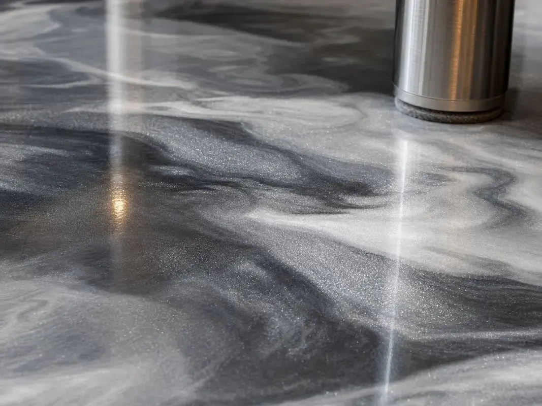 Metallic epoxy surface showing pigment layers and movement