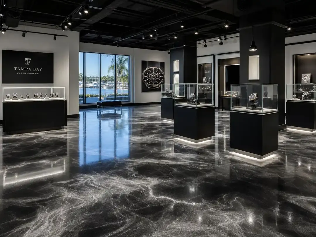 Metallic epoxy showroom floor by Pirate Cove Epoxy