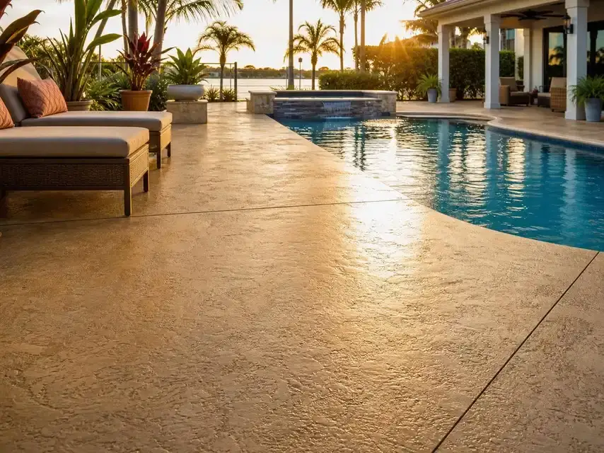 Textured outdoor pool deck finish in sunlight