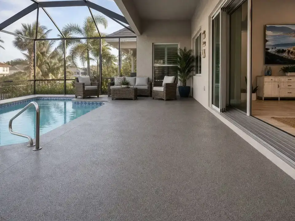 Screened lanai pool deck coating by Pirate Cove Epoxy